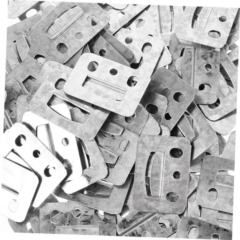 100 Piece Rugged Stainless Steel Gusset Plates Heavy Duty Wall Panel Clamps Polished Edge Furniture Brackets scattered on surface.