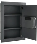 Open hidden in wall safe with electronic keypad, two shelves, metal construction, designed for secure storage of cash and valuables.