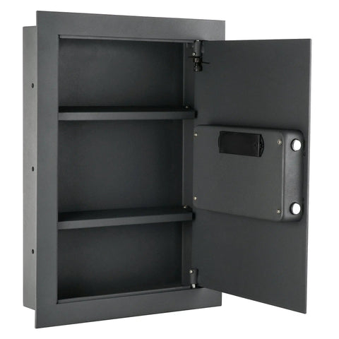 Open hidden in wall safe with electronic keypad, two shelves, metal construction, designed for secure storage of cash and valuables.