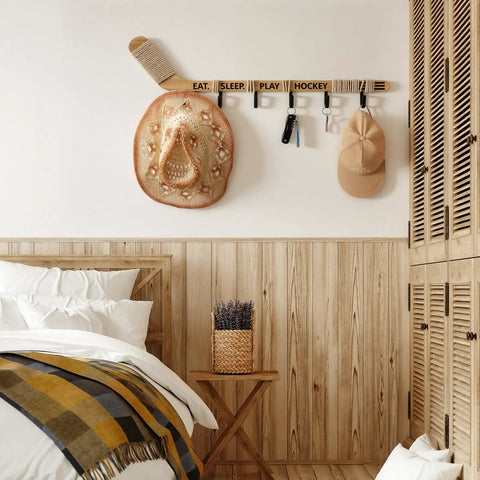 Top Shelf Hockey Stick Coat Rack Featuring Six Rock Solid Hooks Ideal For Dropping Your Jackets Hats And Gear Quick Wall Mounted Storage Piece That Saves Floor Space And Keeps Your Entryway Clean, featuring hats and keys.