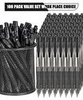 100 Pack Bulk Black Ink Click Pens With Soft Comfort Grip For Office And School Featuring Retractable Design And Zero Bleed Technology Solid Pen Set displayed in a mesh holder.