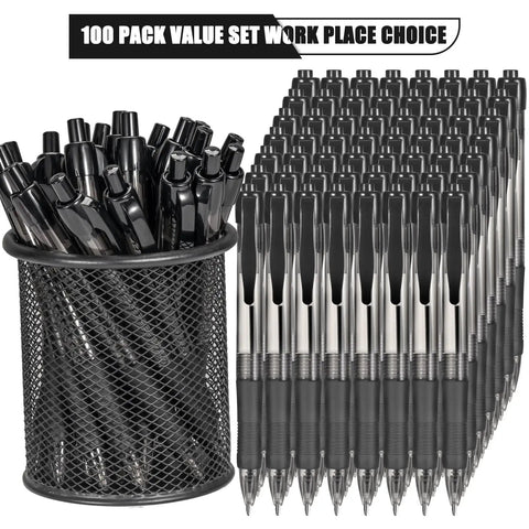 100 Pack Bulk Black Ink Click Pens With Soft Comfort Grip For Office And School Featuring Retractable Design And Zero Bleed Technology Solid Pen Set displayed in a mesh holder.