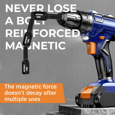 17 Piece Magnetic Nut Driver Set for SAE and Metric attached to a blue drill, showcasing strong magnetic retention.