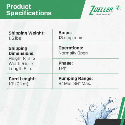 Switch Mate Piggyback Variable Level Float Switch 13 Amp 115 Volt product specifications showing weight and dimensions