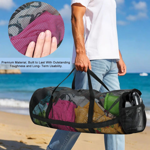 Person holding Diving Mesh Duffel Bag Large Capacity With Quick Dry Ventilation, showing splashproof pocket on beach