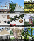 Grid of outdoor applications: string lights, clothesline, fence, hanging pictures, hang decorations, hanging feeder, shade sail, hanging curtain, support plants, using Black Vinyl Coated Cable, 304 Stainless Steel Wire Rope 1/16 In Overmolded To 3/32 In, Ideal For Outdoor Diy Hanging, String Lights, Trellis, Clothesline, Weatherproof 100 Ft.