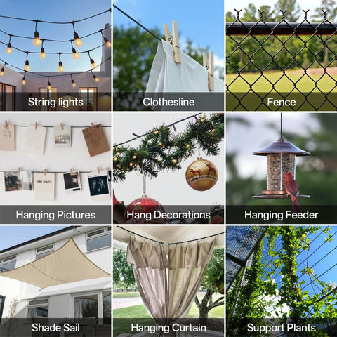 Grid of outdoor applications: string lights, clothesline, fence, hanging pictures, hang decorations, hanging feeder, shade sail, hanging curtain, support plants, using Black Vinyl Coated Cable, 304 Stainless Steel Wire Rope 1/16 In Overmolded To 3/32 In, Ideal For Outdoor Diy Hanging, String Lights, Trellis, Clothesline, Weatherproof 100 Ft.