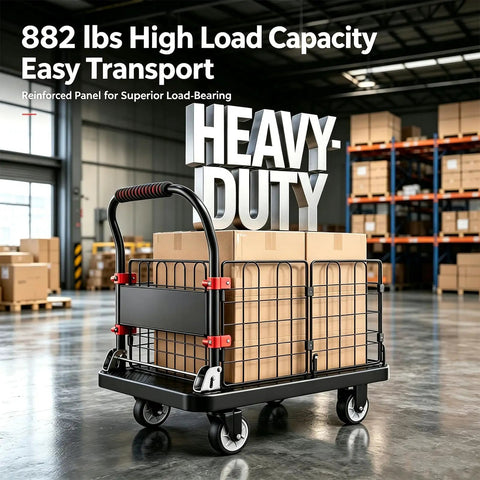 Heavy Duty Push Cart Dolly Platform Truck Flatbed With Foldable Fence And 882 Lb Capacity 5 Inch Silent TPR Wheels Your Warehouse Garage Office Hotel Workhorse For Daily Hauling, loaded with boxes