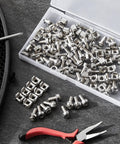 Hella Sturdy M6 X 20mm Rack Mount Cage Nuts And Stainless Steel Screws With Flat Washers in a clear container.