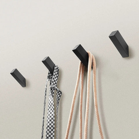 Dope Matte Black Towel Hooks Set 4 Heavy Duty Wall Mounted Stainless Steel 304 Robe Hooks Waterproof For Bathroom Bedroom Entryway Mudroom Garage Modern Design displaying three hooks on wall with towels hanging.