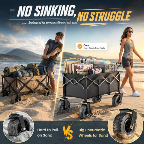 Comparison of two All Terrain Beach Wagon With 10 Inch Inflatable Rubber Wheels For Sand and All Terrain 220 Liter Collapsible Utility Wagon Beast 400 Pound Heavy Duty Folding Cart With 2 Cup Holders For Camping Sports Garden Black on the beach, showing easy maneuverability on sand.