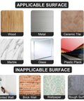 Surface applicability chart for Self-Adhesive Toilet Paper Holder No Drill Matte Black Stainless Steel, shows suitable and unsuitable surfaces.