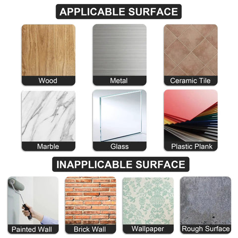 Surface applicability chart for Self-Adhesive Toilet Paper Holder No Drill Matte Black Stainless Steel, shows suitable and unsuitable surfaces.