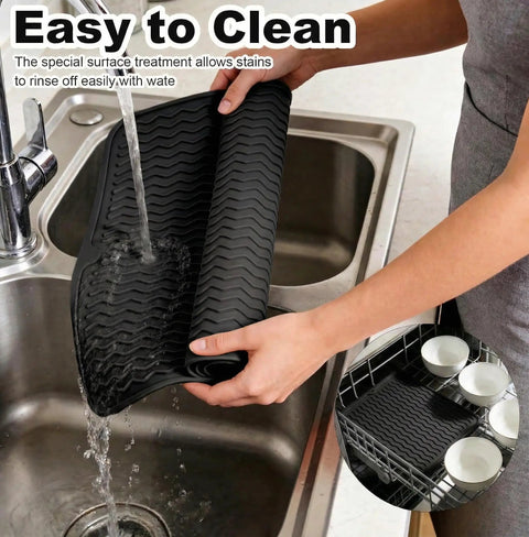 Versatile Silicone Grill Mat For Side Shelves And Counters Fits Blackstone Weber Traeger Pit Boss Flat Top Grills And Smokers Keeps Counters Clean And Organized being cleaned under running water in a kitchen sink, showcasing easy maintenance and flexible material.