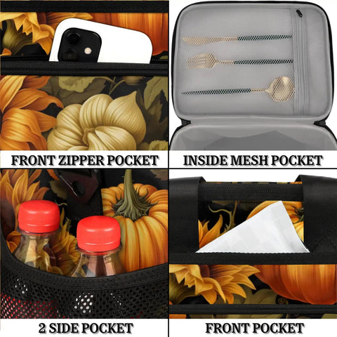 Insulated Picnic Backpack and Lunch Box Set With Spacious Tote Pumpkin Sunflower Theme showing pockets and compartments