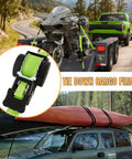 Heavy Duty Retractable Ratchet Straps Made To Haul Your Rig Without The Headache One Inch By 12 Feet securing a motorcycle on a trailer.