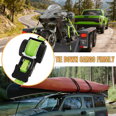 Heavy Duty Retractable Ratchet Straps Made To Haul Your Rig Without The Headache One Inch By 12 Feet securing a motorcycle on a trailer.
