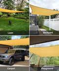 Four images showing Sun Shade Sail 8x10 Foot Sand Rectangle Canopy Shade Cover for Patio and Backyard UV Block Ninety Five Percent Permeable Mesh