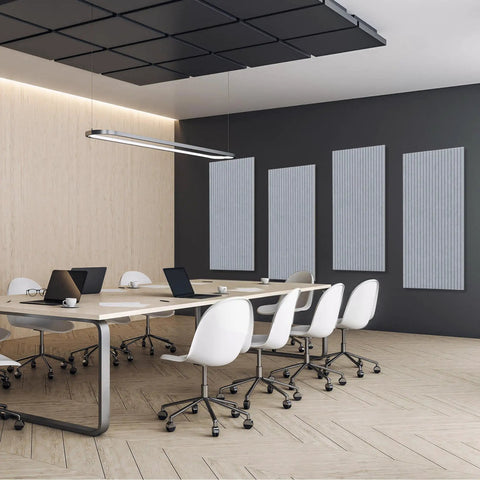 Modern conference room with 5 Pack Acoustic Panels Smoke Gray High Density Soundproofing Foam Tiles on walls.