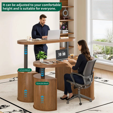 Electric Standing Desk With Storage 55 By 22 Inch Sit Stand Workstation in Walnut Wood, adjustable for two users.