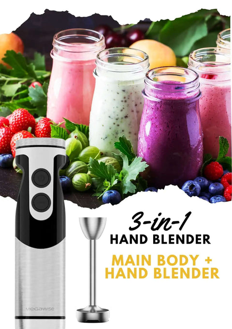 Killer Performance 400W Hand Blender With Versatile 3-In-1 Set Featuring Blending Shaft Whisk And Chopper Ergonomic Handle adjustable speed control with colorful smoothies.