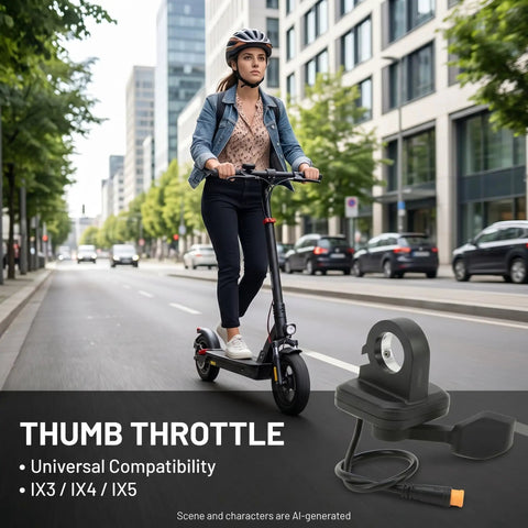 Person riding an electric scooter with a thumb throttle accelerator, shown with a right-hand replacement for 22mm handlebars.