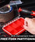 Person adjusting dividers in a red IPX4 Waterproof Small Parts Organizer Case with Removable Dividers Two Boxes Set for tools.