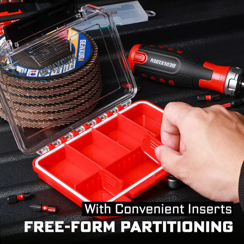 Person adjusting dividers in a red IPX4 Waterproof Small Parts Organizer Case with Removable Dividers Two Boxes Set for tools.