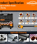 Heavy Duty Ratchet Pipe Threader Kit With Six NPT Dies One Quarter Inch Three Eighths Inch One Half Inch Three Quarters Inch One Inch And One And A Quarter Inch Threading Dies Durable 9SiCr Steel Tool For Galvanized Iron Copper And Aluminum Pipes kit case and dies