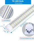 8ft 150W T8 LED shop light with U-shape 6000K clear cover, dimension details shown, part of 20 Pack Ultra Bright 8 Foot 150W LED Shop Lights With 19000 Lumens Each 6000K Cold White U Shape Clear Cover High Output Linkable T8 LED Tubes With Plug For Garage Workshop Studio.