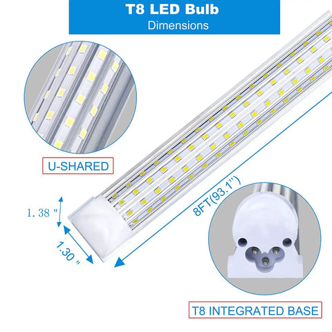 8ft 150W T8 LED shop light with U-shape 6000K clear cover, dimension details shown, part of 20 Pack Ultra Bright 8 Foot 150W LED Shop Lights With 19000 Lumens Each 6000K Cold White U Shape Clear Cover High Output Linkable T8 LED Tubes With Plug For Garage Workshop Studio.