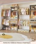 Real Game Changing Modular Closet System Set Of Two Expands From Six To Ten Feet Wide With Six Wooden Drawers Ten Sturdy Rods Built In LED Glass Shelves And Two Pants Bars For Bedroom Storage That Is Built Different And Just Works in a children's room with colorful clothes.