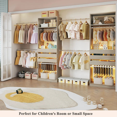 Real Game Changing Modular Closet System Set Of Two Expands From Six To Ten Feet Wide With Six Wooden Drawers Ten Sturdy Rods Built In LED Glass Shelves And Two Pants Bars For Bedroom Storage That Is Built Different And Just Works in a children's room with colorful clothes.
