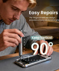 User demonstrating the Top Shelf 32 Piece Precision Screwdriver Set With S2 Steel Bits and Lightweight Aluminum Handle for mobile repairs.