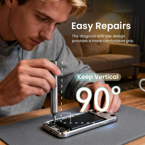 User demonstrating the Top Shelf 32 Piece Precision Screwdriver Set With S2 Steel Bits and Lightweight Aluminum Handle for mobile repairs.
