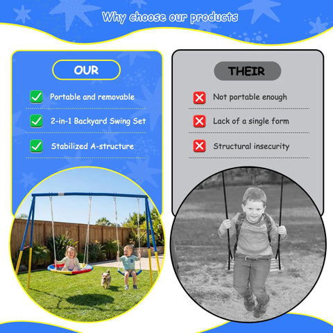 Comparison of backyard swing set features, highlighting heavy-duty 440lbs frame with 32-inch saucer and 26.2-inch belt seat.