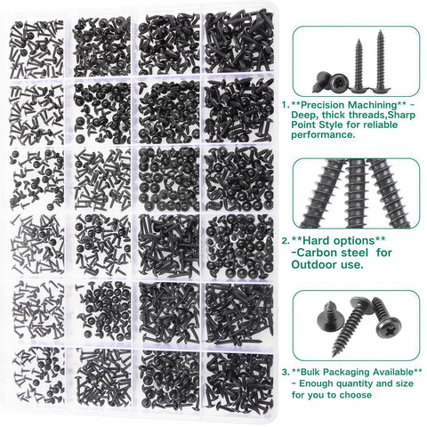 Assorted 1200 Pcs Black Phillips Truss Head Self Tapping Screws Set M1.2 To M2.3 with Washer Wafer and Pan Head in Clear Box
