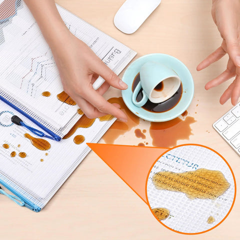 Colorful A4 Zipper Mesh Document Pouches 24 Pack Set In 10 Colors Waterproof Storage Bags resisting coffee spill on documents