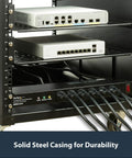 Rack Mount PDU Power Strip With 16 Outlets For 1U Network Server Racks Surge Protected 120V 15A 6 Ft Cord Front And Back Access Built Tough In Durable Steel Housing For Clean Cable Management And High Density Data Center And Server Racks, visible in a network server rack with solid steel casing.