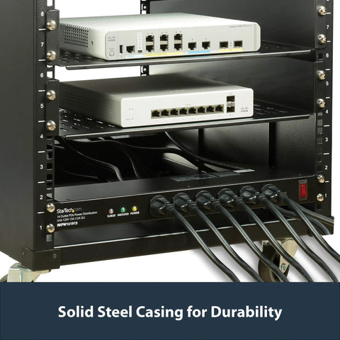 Rack Mount PDU Power Strip With 16 Outlets For 1U Network Server Racks Surge Protected 120V 15A 6 Ft Cord Front And Back Access Built Tough In Durable Steel Housing For Clean Cable Management And High Density Data Center And Server Racks, visible in a network server rack with solid steel casing.