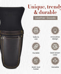 Image of a Three Pocket Pliers And Tool Holder Leather Pouch For Belt Full Grain Oiled Leather Rugged Multi Tool Carrier in Dark Brown.