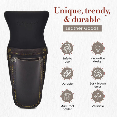 Image of a Three Pocket Pliers And Tool Holder Leather Pouch For Belt Full Grain Oiled Leather Rugged Multi Tool Carrier in Dark Brown.