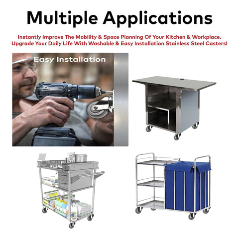 Heavy duty swivel caster on stainless steel carts for easy mobility and installation in kitchen and workplace environments.