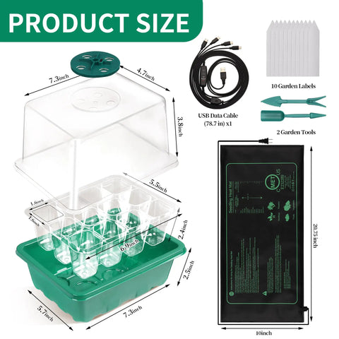 4 Pack Seed Starter Tray Kit With Grow Lights And Heat Mat 48 Cell Germination System With Humidity Dome components and dimensions