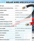 Red and black 10 AWG Solar Wire 50 Foot Tinned Copper PV Cable Set specifications sheet with conductor and insulation details.