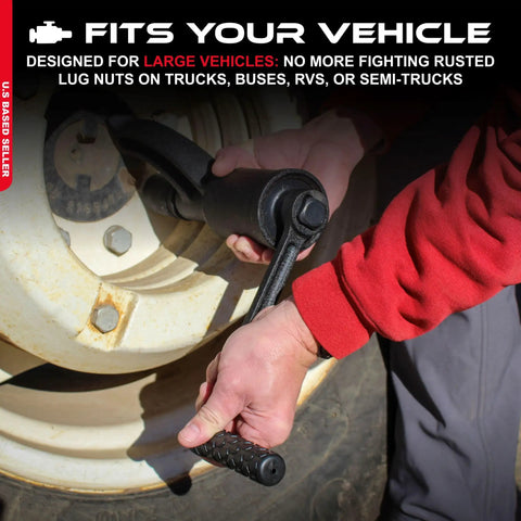 Man using Roadside Ready 1 Inch Drive Torque Multiplier Wrench for quick removal of rusted lug nuts on large vehicle tire.