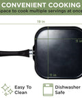Top view of 11-inch nonstick square griddle pan with stay-cool handle, highlighting easy to clean surface and dishwasher safe features.