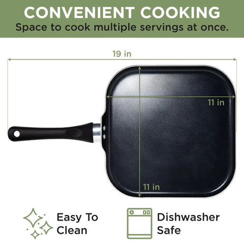 Top view of 11-inch nonstick square griddle pan with stay-cool handle, highlighting easy to clean surface and dishwasher safe features.