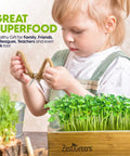 Child cutting microgreens from Self Watering Microgreens Kit For Indoor Growing, Reusable Tray With Grow Mats And Bamboo Frame.
