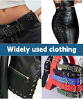 Black leather and denim clothing with eyelet details, belts in various colors, suitable for DIY fabric crafts using grommet kit.